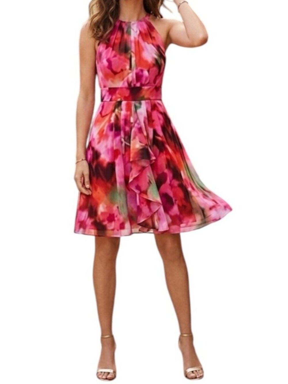 Eliza J Pink Watercolor Ruffle Chain Link Halter Festive Party Dress Size 8